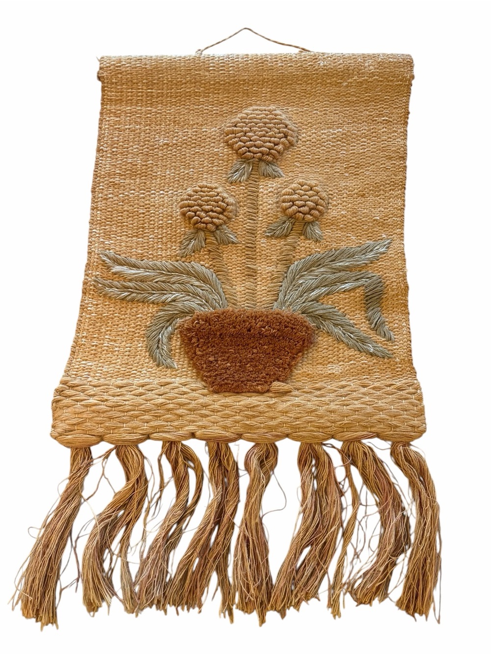Vintage 1988 ICA Woven Wall Hanging Jute Floral Tapestry